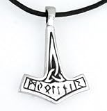 Pewter Thors Hammer Runes Triquetra Mjolnir Pendant on Leather Necklace