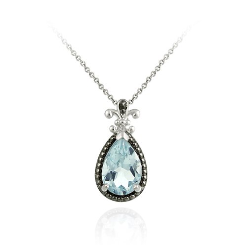 Sterling Silver 3.7ct. TGW Blue Topaz and Black Diamond Accent Pear Shaped Pendant