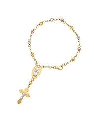 14k Solid Yellow White Rose Gold Crucifix Religious Mary Rosary Bracelet 7"
