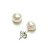 Sterling Silver White Freshwater Cultured Pearl Button Stud Earrings (6.5x7mm)