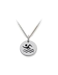 Stellar White (tm) 925 Sterling Silver Disc Charm - Swimming - 16 To 18 Inch Adjustable Chain Included