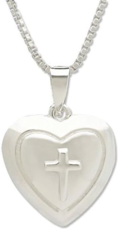 Girls Charm Necklace, Sterling Silver Heart Locket with Cross Necklace, Girls sterling silver classic heart locket that opens to reveal a space for a small momento. This heart-shaped locket is accented with engraved detailing and a traditional cross. Locket measures 14mm and floats on a 14" Italian box chain. A look she will love and be a keepsake she will cherish forever!