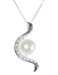 Classical 925 Sterling Silver 9.0mm White Pearl Women Pendant + Chain with Cubic Zirconia/CZ