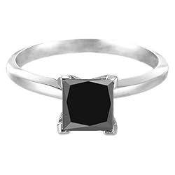 1/2 Ct Princess Cut Black Diamond Solitaire Ring 14k White Gold