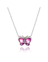 Rhodium Plated 925 Sterling Silver Pink Mother of Pearl Butterfly Charm Pendant Necklace with Link Chain