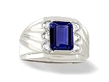14K White Gold Emerald-cut Created Sapphire and Diamond Men's Ring