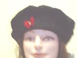B122br, Hand Crocheted Black Chenille Gimp Tweed Beret with One Red Rhinestone Butterfly