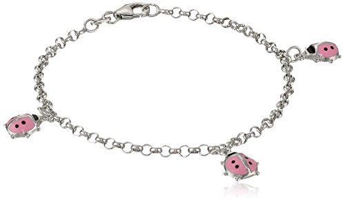 Sterling Silver Children's Pink and Black Ladybug Charm Bracelet, 6.25"