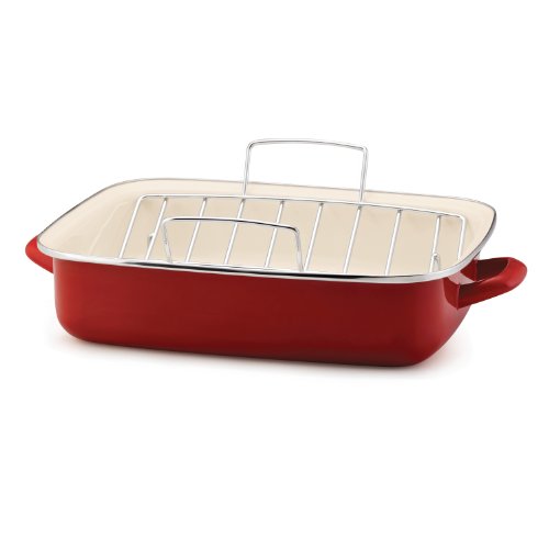 Rachael Ray Enamel On Steel 16-1/2-Inch Open Roaster with V-Shape Rack, Red