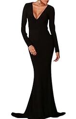 Sexy V-neck Long Sleeves Backless  Floor Length Polyester/Spandex Mermaid Maxi Dress  With Ruffles