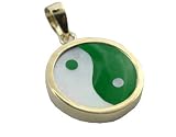 Green Jade and Mother Of Pearl Small Ying-Yang Pendant, 14k Gold