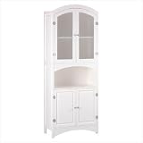 White Wood Bathroom Storage Linen Cabinet With Opaque Glass Doors