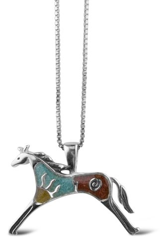 Sterling Silver Turquoise Inlay Mosaic Horse Pendant, 16