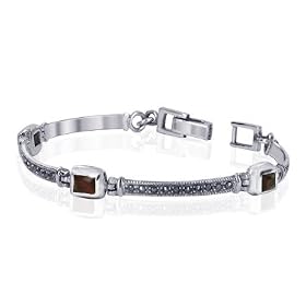 Sterling Silver Marcasite Garnet CZ Link Bracelet 7  Long by Gem Avenue