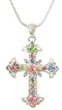 Pretty Soft Pastel Pink, Blue, yellow Multicolor rainbow Crystals Cross Necklace - Rhodium Plated