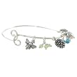 Nature Inspired Wire Bangle Charm Bracelet with Acorn, Pine Cone, Leaf, and Bee Charms in Sterling Silver and Dangling Gemstone Baubles of Amethyst, Turquoise and Peridot, #7833