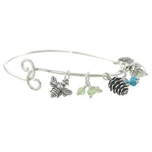 Nature Inspired Wire Bangle Charm Bracelet with Acorn, Pine Cone, Leaf, and Bee Charms in Sterling Silver and Dangling Gemstone Baubles of Amethyst, Turquoise and Peridot, #7833