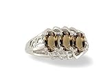 14K White Gold Genuine Oval Smoky Quartz 3-Stone Ring