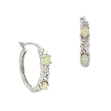 Sterling Silver .925 Simulated Fiery Opal Genuine Diamond Accent Stone Oval X Shape Pattern Hoop Earrings