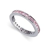 Nickel Free Sterling Silver Pink Cubic Zirconia Princess cut Eternity Polished Rhodium plated 3mm Band Ring Size 5, 6, 7, 8, 9, 10