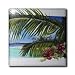 Island Scene Looking Through Window with Hibiscus Flowers and Palm Leaves on Textured Background - 4 Inch Ceramic Tile
