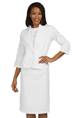 3/4 Sleeve White Penelope Dress with Fitted Jacket by Peaches Uniforms. Perfect for Nurses!