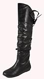 Letta! By Soda Sexy Fashion Pirate Inspired Slouchy Thigh-high Flat Boots with Lace-tie Back Design, black leatherette, 5.5 M