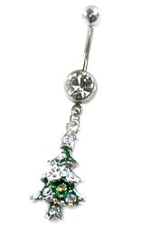 Stainless Steel Christmas Belly Ring with Clear CZ - Tree - Sold Individually