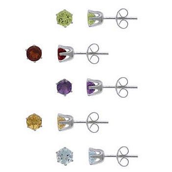 Sterling Silver 4mm Round Amethyst, Citrine, Peridot, Garnet, and Blue Topaz Stud Earring Set