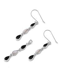 Sterling Silver Elegant Tiered Tear Drop Design Black Onyx Pendant and Earrings Jewelry Set with Fresh Water Pearls