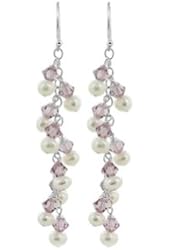 925 Sterling Silver White Freshwater Pearl with Light Amethyst Color Bicone Dangle Earrings