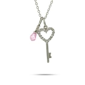 The Key To My Heart Sterling Silver CZ and Pink Crystal Charm Necklace
