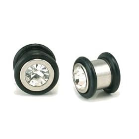 2 Gauge Plugs in Surgical Steel with LARGE Clear Gemstone by 