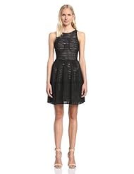Apparel: BCBGMAXAZRIA Womens Cassandra Sleeveless Contrast Lace Fit and Flare Dress Dress, Black, Small - BCBGMAXAZRIA