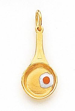 White/Red Enameled Frying Pan and Egg Charm, 14K Yellow Gold