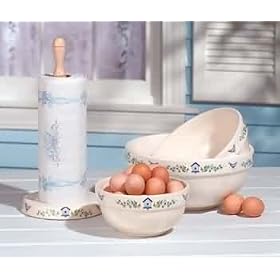 Bowls White Blue Ceramic, 3 Piece Mixing Bowl Set by Renovator's Supply