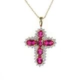 2.1cttw Genuine Created Ruby Cross with Diamond Accents and 10K Yellow Gold Pendant with Chain Necklace Gift Boxed