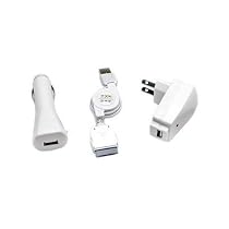 3 in 1 USB Charger Kit for iPod and iPhone: Travel Charger, Car Charger, and Retractable USB Charger and Data Cable