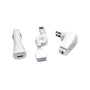 3 in 1 USB Charger Kit for iPod and iPhone: Travel Charger, Car Charger, and Retractable USB Charger and Data Cable