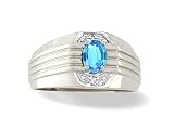 14K White Gold Genuine Oval Blue Topaz and Diamond Men's Ring