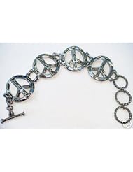 Large Solid 925 St Sterling Silver Curved Stiched Studded Braided Two Tone Gold Colored Hippie Peace Sign Pendant Bracelet Jewelry 7 Inches