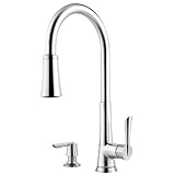 IMAGE OF Pfister GT529-MDC Mystique Single Handle 1, 2, 3, or 4-Hole Pull-Down Lead Free Kitchen Faucet with Soap Dispenser, Polished Chrome
