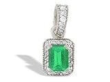 14K White Gold Genuine Emerald-cut Emerald and Diamond Pendant