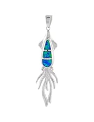 Sterling Silver Squid Pendant Synthetic Opal Inlay w/ CZ stones,1 7/8 inch tall,