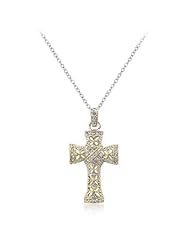 Alexander James 14k Gold Bonded and White Gold Rhodium Bonded Cross Pendant with an Elegant Hallowed Design and Accented CZ at Each End and Down the Middle in Tutone Chain Included