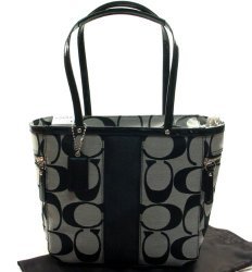Coach Signature Stripe Shopper Bag Tote 13280 Black White