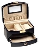 Jewelry : Genuine Black Leather 2 Level Jewelry Box Case
