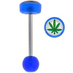 Blue Acrylic Hemp Leaf Logo Barbell Tongue Ring