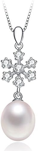 Snowflake Design Winter Christmas Sterling Silver Cubic Zirconia 8-9mm Freashwater Pearl Pendant Necklace