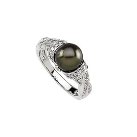 14k White Gold 8mm Cultured Black Pearl Ring with Diamonds by JacquesMouw Precious Jewels